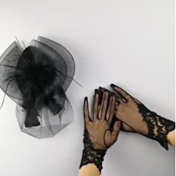 Siyah Vualet ve Siyah İşlemeli Gelin Eldiveni-NKH-1055