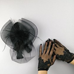 Siyah Vualet ve Siyah Boncuk İşlemeli Gelin Eldiveni-NKH-1056