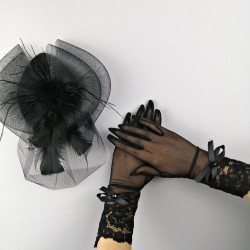 Siyah Vualet ve Siyah Fiyonklu Gelin Eldiveni-NKH-1057