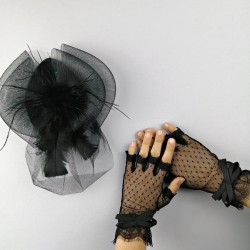 Siyah Vualet ve Siyah Kısa Parmak Gelin Eldiveni-NKH-1058