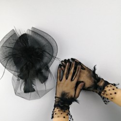 Siyah Vualet ve Siyah Otriş Tüylü Gelin Eldiveni-NKH-1059