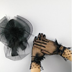 Siyah Vualet ve Siyah Otriş Tüylü Gelin Eldiveni-NKH-1059