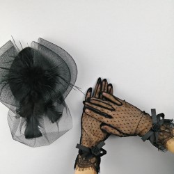 Siyah Vualet ve Siyah Puantiyeli Gelin Eldiveni-NKH-1060