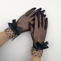 Siyah İri Fiyonklu Gelin Eldiveni-NKH-1063