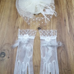 Krem Vualet ve Beyaz Tüylü Gelin Eldiveni-NKH-1067