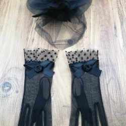 Siyah Vualet ve Siyah Fiyonklu Gelin Eldiveni-NKH-1070