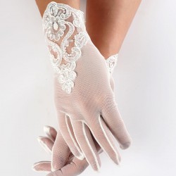 Beyaz Dantel Desenli Gelin Eldiveni-NKH-1083