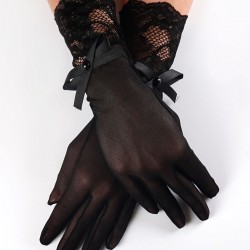 Siyah Bileği Dantelli Ve Fiyonklu Gelin Eldiveni-NKH-1093