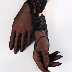 Siyah Dantel Detaylı Boncuklu Gelin Eldiveni-NKH-1100