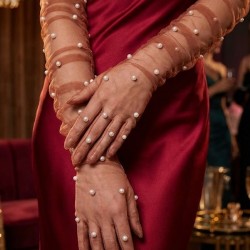 Noctyra Pearl Mesh Couture Bakır Rengi Eldiven &ndash; Uzun T&uuml;l İnci Detaylı L&uuml;ks Davet Aksesuarı-NOCTYRA-1