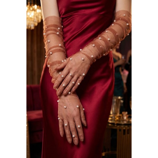 Noctyra Pearl Mesh Couture Bakır Rengi Eldiven &ndash; Uzun T&uuml;l İnci Detaylı L&uuml;ks Davet Aksesuarı-NOCTYRA-1