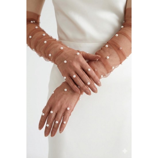 Noctyra Pearl Mesh Couture Bakır Rengi Eldiven &ndash; Uzun T&uuml;l İnci Detaylı L&uuml;ks Davet Aksesuarı-NOCTYRA-1