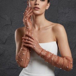 Noctyra Pearl Mesh Couture Bakır Rengi Eldiven &ndash; Uzun T&uuml;l İnci Detaylı L&uuml;ks Davet Aksesuarı-NOCTYRA-1