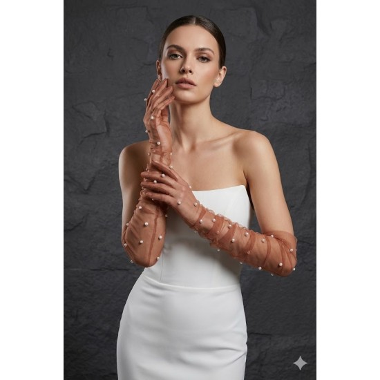 Noctyra Pearl Mesh Couture Bakır Rengi Eldiven &ndash; Uzun T&uuml;l İnci Detaylı L&uuml;ks Davet Aksesuarı-NOCTYRA-1