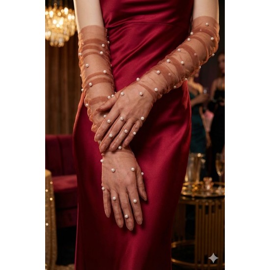 Noctyra Pearl Mesh Couture Bakır Rengi Eldiven &ndash; Uzun T&uuml;l İnci Detaylı L&uuml;ks Davet Aksesuarı-NOCTYRA-1