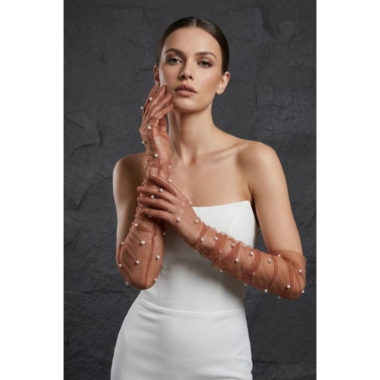 Noctyra Pearl Mesh Couture Bakır Rengi Eldiven &ndash; Uzun T&uuml;l İnci Detaylı L&uuml;ks Davet Aksesuarı-NOCTYRA-1