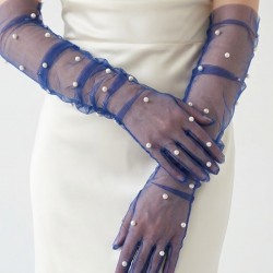 Noctyra Pearl Mesh Couture Saks Mavi Eldiven &ndash; Uzun T&uuml;l İnci Detaylı L&uuml;ks Davet Aksesuarı-NOCTYRA-10