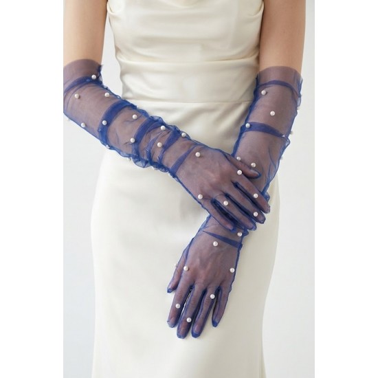 Noctyra Pearl Mesh Couture Saks Mavi Eldiven &ndash; Uzun T&uuml;l İnci Detaylı L&uuml;ks Davet Aksesuarı-NOCTYRA-10