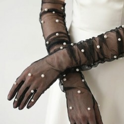 Noctyra Pearl Mesh Couture Siyah Eldiven &ndash; Uzun T&uuml;l İnci Detaylı L&uuml;ks Davet Aksesuarı-NOCTYRA-11