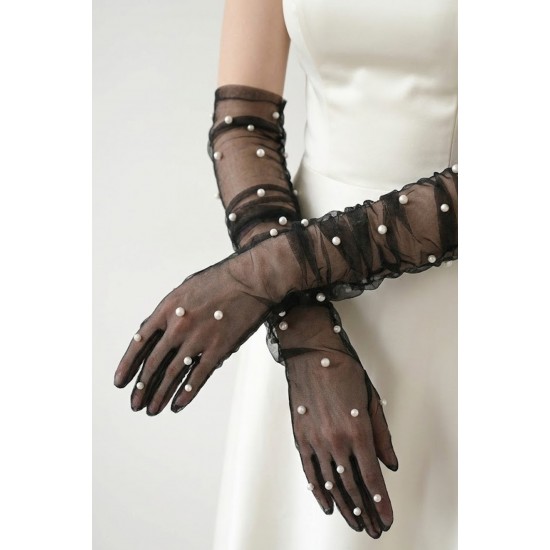 Noctyra Pearl Mesh Couture Siyah Eldiven &ndash; Uzun T&uuml;l İnci Detaylı L&uuml;ks Davet Aksesuarı-NOCTYRA-11