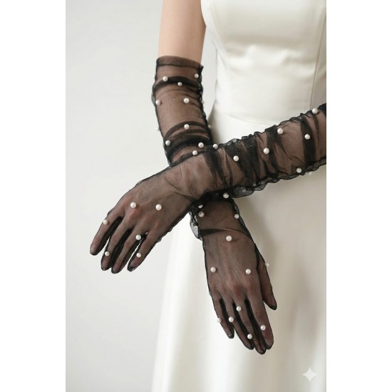 Noctyra Pearl Mesh Couture Siyah Eldiven &ndash; Uzun T&uuml;l İnci Detaylı L&uuml;ks Davet Aksesuarı-NOCTYRA-11