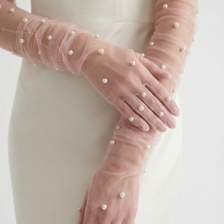 Noctyra Pearl Mesh Couture G&uuml;l Kurusu Eldiven &ndash; Uzun T&uuml;l İnci Detaylı L&uuml;ks Davet Aksesuarı-NOCTYRA-12