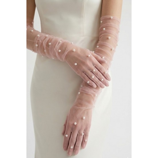 Noctyra Pearl Mesh Couture G&uuml;l Kurusu Eldiven &ndash; Uzun T&uuml;l İnci Detaylı L&uuml;ks Davet Aksesuarı-NOCTYRA-12