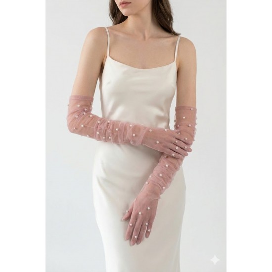 Noctyra Pearl Mesh Couture G&uuml;l Kurusu Eldiven &ndash; Uzun T&uuml;l İnci Detaylı L&uuml;ks Davet Aksesuarı-NOCTYRA-12