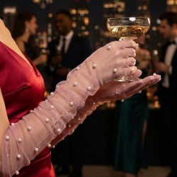 Noctyra Pearl Mesh Couture G&uuml;l Kurusu Eldiven &ndash; Uzun T&uuml;l İnci Detaylı L&uuml;ks Davet Aksesuarı-NOCTYRA-12