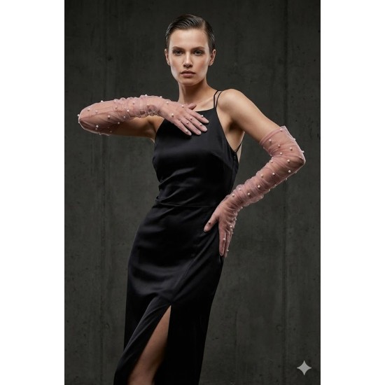 Noctyra Pearl Mesh Couture G&uuml;l Kurusu Eldiven &ndash; Uzun T&uuml;l İnci Detaylı L&uuml;ks Davet Aksesuarı-NOCTYRA-12