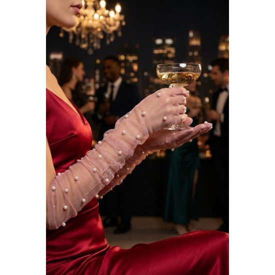 Noctyra Pearl Mesh Couture G&uuml;l Kurusu Eldiven &ndash; Uzun T&uuml;l İnci Detaylı L&uuml;ks Davet Aksesuarı-NOCTYRA-12