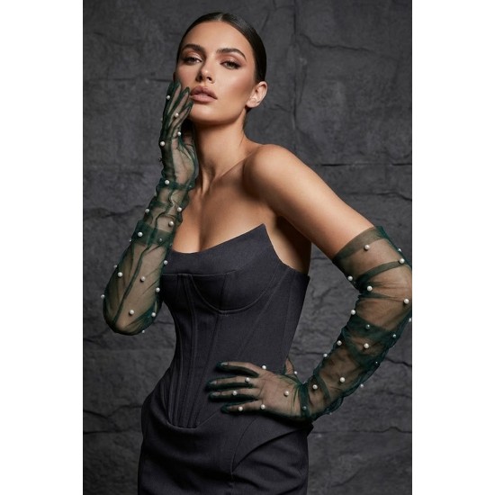 Noctyra Pearl Mesh Couture Z&uuml;mr&uuml;t Yeşili Eldiven &ndash; Uzun T&uuml;l İnci Detaylı L&uuml;ks Davet Aksesuarı-NOCTYRA-13
