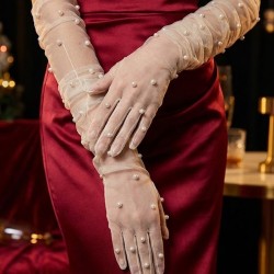 Noctyra Pearl Mesh Couture Beyaz Eldiven &ndash; Uzun T&uuml;l İnci Detaylı L&uuml;ks Davet Aksesuarı-NOCTYRA-2