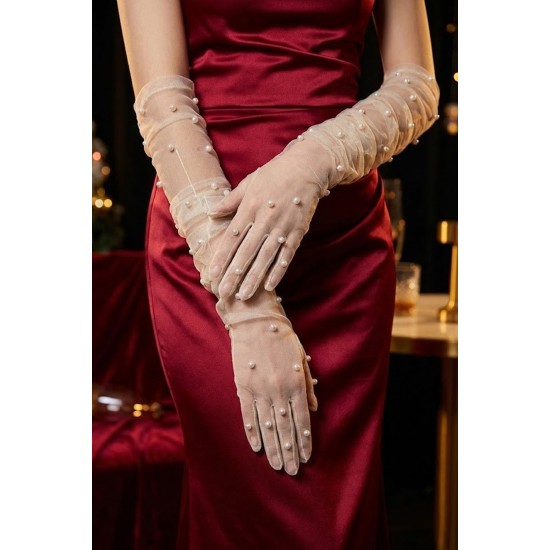 Noctyra Pearl Mesh Couture Beyaz Eldiven &ndash; Uzun T&uuml;l İnci Detaylı L&uuml;ks Davet Aksesuarı-NOCTYRA-2