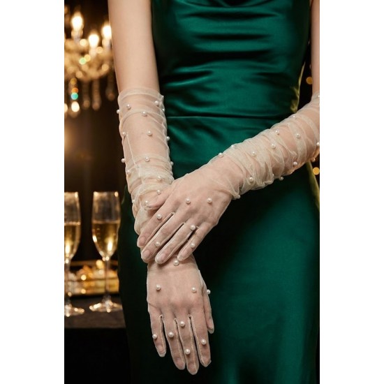 Noctyra Pearl Mesh Couture Beyaz Eldiven &ndash; Uzun T&uuml;l İnci Detaylı L&uuml;ks Davet Aksesuarı-NOCTYRA-2