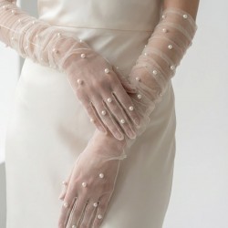 Noctyra Pearl Mesh Couture Beyaz Eldiven &ndash; Uzun T&uuml;l İnci Detaylı L&uuml;ks Davet Aksesuarı-NOCTYRA-2