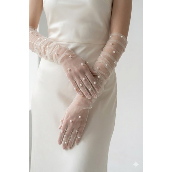 Noctyra Pearl Mesh Couture Beyaz Eldiven &ndash; Uzun T&uuml;l İnci Detaylı L&uuml;ks Davet Aksesuarı-NOCTYRA-2