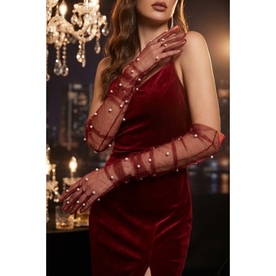 Noctyra Pearl Mesh Couture Bordo Eldiven &ndash; Uzun T&uuml;l İnci Detaylı L&uuml;ks Davet Aksesuarı-NOCTYRA-3