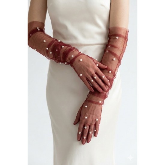 Noctyra Pearl Mesh Couture Bordo Eldiven &ndash; Uzun T&uuml;l İnci Detaylı L&uuml;ks Davet Aksesuarı-NOCTYRA-3