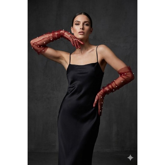 Noctyra Pearl Mesh Couture Bordo Eldiven &ndash; Uzun T&uuml;l İnci Detaylı L&uuml;ks Davet Aksesuarı-NOCTYRA-3