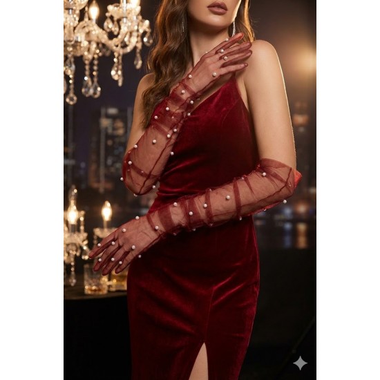 Noctyra Pearl Mesh Couture Bordo Eldiven &ndash; Uzun T&uuml;l İnci Detaylı L&uuml;ks Davet Aksesuarı-NOCTYRA-3