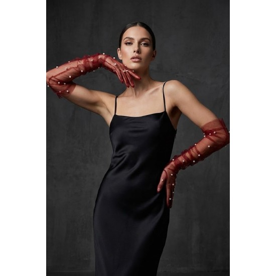 Noctyra Pearl Mesh Couture Bordo Eldiven &ndash; Uzun T&uuml;l İnci Detaylı L&uuml;ks Davet Aksesuarı-NOCTYRA-3