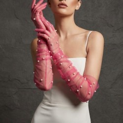 Noctyra Pearl Mesh Couture Fuşya Eldiven &ndash; Uzun T&uuml;l İnci Detaylı L&uuml;ks Davet Aksesuarı-NOCTYRA-4