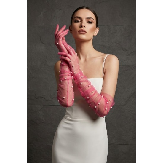 Noctyra Pearl Mesh Couture Fuşya Eldiven &ndash; Uzun T&uuml;l İnci Detaylı L&uuml;ks Davet Aksesuarı-NOCTYRA-4