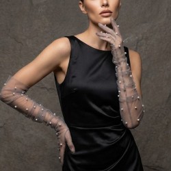 Noctyra Pearl Mesh Couture Gri Eldiven &ndash; Uzun T&uuml;l İnci Detaylı L&uuml;ks Davet Aksesuarı-NOCTYRA-5