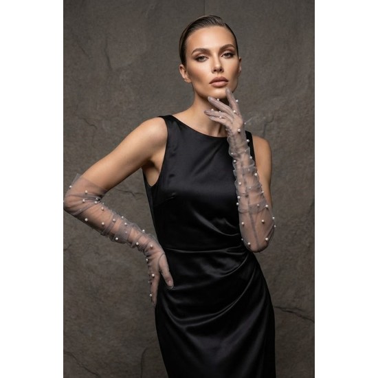 Noctyra Pearl Mesh Couture Gri Eldiven &ndash; Uzun T&uuml;l İnci Detaylı L&uuml;ks Davet Aksesuarı-NOCTYRA-5