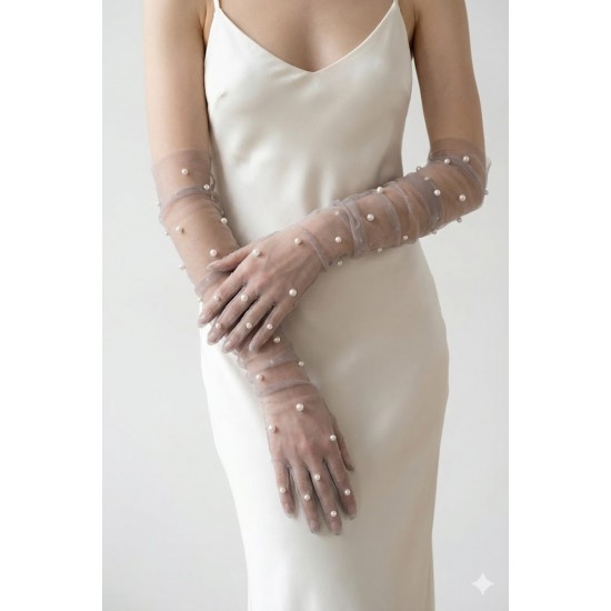 Noctyra Pearl Mesh Couture Gri Eldiven &ndash; Uzun T&uuml;l İnci Detaylı L&uuml;ks Davet Aksesuarı-NOCTYRA-5