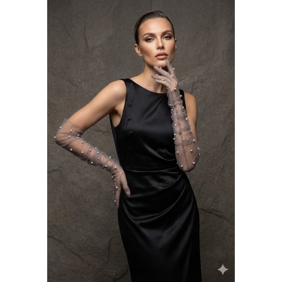 Noctyra Pearl Mesh Couture Gri Eldiven &ndash; Uzun T&uuml;l İnci Detaylı L&uuml;ks Davet Aksesuarı-NOCTYRA-5