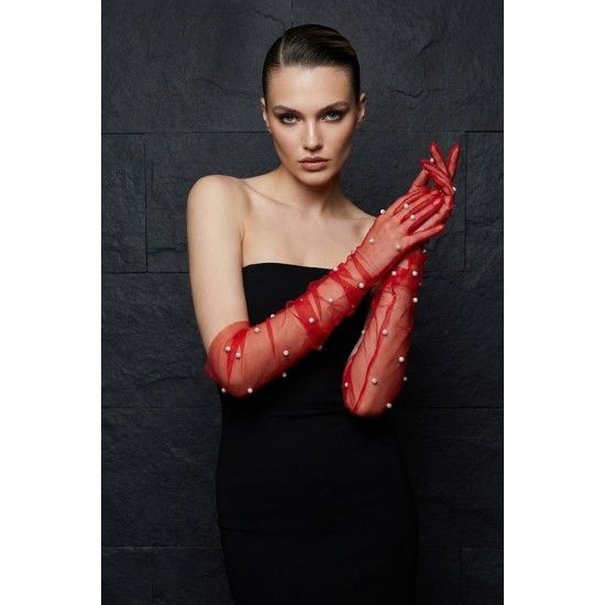 Noctyra Pearl Mesh Couture Kırmızı Eldiven &ndash; Uzun T&uuml;l İnci Detaylı L&uuml;ks Davet Aksesuarı-NOCTYRA-6