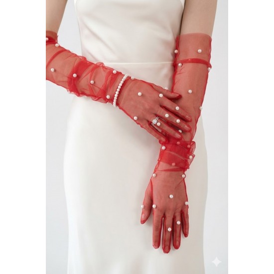 Noctyra Pearl Mesh Couture Kırmızı Eldiven &ndash; Uzun T&uuml;l İnci Detaylı L&uuml;ks Davet Aksesuarı-NOCTYRA-6